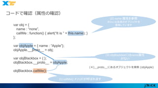 コードで確認（属性の確認） 
(４)__proto__にあるオブジェクトを検索(objApple) 
(1) callMe() メソッドが呼ばれます 
(２) name 属性を参照 
※this は自身のオブジェクトを 
意味しています 
(３) objBlackboxにはname属性 
がない 
var obj = { 
name : “none”, 
callMe : function() { alert(“It is ” + this.name); } 
}; 
var objApple = { name : “Apple”}; 
objApple.__proto__ = obj; 
var objBlackbox = { }; 
objBlackbox.__proto__ = objApple; 
objBlackbox.callMe(); 
 