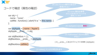 コードで確認（属性の確認） 
(６) objにもname属性はあるが 
、参照されない 
(1) callMe() メソッドが呼ばれます 
(２) name 属性を参照 
※this は自身のオブジェクトを 
意味しています 
(５) objAppleにnameを発見！ 
(３) objBlackboxにはname属性 
がない 
(４)__proto__にあるオブジェクトを検索(objApple) 
var obj = { 
name : “none”, 
callMe : function() { alert(“It is ” + this.name); } 
}; 
var objApple = { name : “Apple”}; 
objApple.__proto__ = obj; 
var objBlackbox = { }; 
objBlackbox.__proto__ = objApple; 
objBlackbox.callMe(); 
 