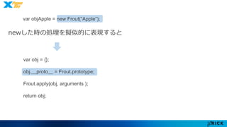 var objApple = new Frout(“Apple”); 
newした時の処理を擬似的に表現すると 
var obj = {}; 
obj.__proto__ = Frout.prototype; 
Frout.apply(obj, arguments ); 
return obj; 
 