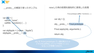 __proto__の解説で使ったサンプル 
newした時の処理を擬似的に表現した処理 
var obj = {}; 
obj.__proto__ = Frout.prototype; 
Frout.apply(obj, arguments ); 
return obj; 
obj をFrout.prototype だと置き換えたら 
どちらもcallMe() メソッドを持つことに 
なることが想像できます。 
Frout.prototype.callMe = function() {…}; 
var obj = { 
name : “none”, 
callMe : function() { … } 
}; 
var objApple = { name : “Apple”}; 
objApple.__proto__ = obj; 
 