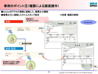 事例のポイント③（権限による画面操作）	
■kintoneのアクセス権限と連動した、帳票出力機能	
■帳票出力に連動したタイムスタンプ設定	
	
営業担当は
（仮）発行となります。

営業	

	
⇒効果：権限の統制	
JavaScript	

• 請求書発行依頼

経理（管理）	

請求書の正式発行と連動し、
発効日を自動設定します。

23	

Copyright © 2013 OPRO Japan Co., Ltd. All Rights Reserved.

 