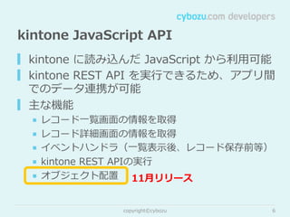 kintone  JavaScript  API
▎ kintone  に読み込んだ  JavaScript  から利利⽤用可能
▎ kintone  REST  API  を実⾏行行できるため、アプリ間
でのデータ連携が可能
▎ 主な機能
■  レコード⼀一覧画⾯面の情報を取得
■  レコード詳細画⾯面の情報を取得
■  イベントハンドラ（⼀一覧表⽰示後、レコード保存前等）
■  kintone  REST  APIの実⾏行行
■  オブジェクト配置 11⽉月リリース
copyright©cybozu

6

 