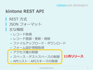 kintone  REST  API
▎ REST  ⽅方式
▎ JSON  フォーマット
▎ 主な機能

■  レコード取得
■  レコード登録・更更新・削除
■  ファイルアップロード・ダウンロード
■  フォーム設計情報取得
■  アクセス権の制御
■  スペース・ゲストスペースの制御 11⽉月リリース
■  APIリスト・APIスキーマの取得
copyright©cybozu

7

 