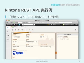 kintone  REST  API  実⾏行行例例
▎ 「顧客リスト」アプリのレコードを取得

copyright©cybozu

8

 