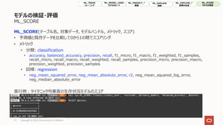 モデルの検証・評価
ML_SCORE
ML_SCORE(テーブル名, 対象データ, モデルハンドル, メトリック, スコア)
• 予測値と既存データを⽐較して0から1の間でスコアリング
• メトリック
• 分類: classification
• accuracy, balanced_accuracy, precision, recall, f1_micro, f1_macro, f1_weighted, f1_samples,
recall_micro, recall_macro, recall_weighted, recall_samples, precision_micro, precision_macro,
precision_weighted, precision_samples
• 回帰: regression
• neg_mean_squared_error, neg_mean_absolute_error, r2, neg_mean_squared_log_error,
neg_median_absolute_error
実⾏例︓タイタニック号乗客の⽣存状況モデルのスコア
37 Copyright © 2022, Oracle and/or its affiliates
ML_TRAIN
トレーニング
ML_MODEL_LOAD
モデルのロード
ML_PREDICT_*
推論
ML_EXPLAIN
説明
ML_SCORE
モデルの検証
ML_EXPLAIN_*
説明の⽣成
 