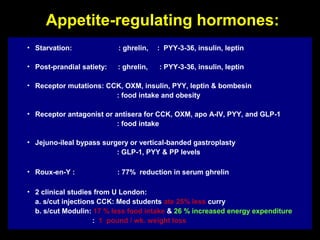 Appetite-regulating hormones:
• Starvation:              : ghrelin,   : PYY-3-36, insulin, leptin

• Post-prandial satiety:   : ghrelin,   : PYY-3-36, insulin, leptin

• Receptor mutations: CCK, OXM, insulin, PYY, leptin & bombesin
                        : food intake and obesity

• Receptor antagonist or antisera for CCK, OXM, apo A-IV, PYY, and GLP-1
                          : food intake

• Jejuno-ileal bypass surgery or vertical-banded gastroplasty
                          : GLP-1, PYY & PP levels

• Roux-en-Y :              : 77% reduction in serum ghrelin

• 2 clinical studies from U London:
  a. s/cut injections CCK: Med students ate 25% less curry
  b. s/cut Modulin: 17 % less food intake & 26 % increased energy expenditure
                    : 1 pound / wk. weight loss
 