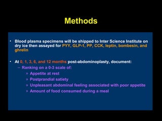 Methods

• Blood plasma specimens will be shipped to Inter Science Institute on
  dry ice then assayed for PYY, GLP-1, PP, CCK, leptin, bombesin, and
  ghrelin

• At 0, 1, 3, 6, and 12 months post-abdominoplasty, document:
   – Ranking on a 0-3 scale of:
         » Appetite at rest
         » Postprandial satiety
         » Unpleasant abdominal feeling associated with poor appetite
         » Amount of food consumed during a meal
 