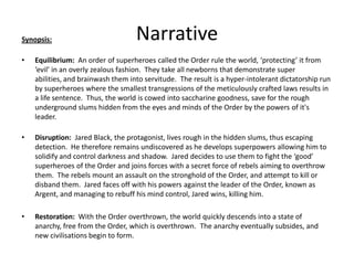 NarrativeSynopsis:Equilibrium:  An order of superheroes called the Order rule the world, ‘protecting’ it from ‘evil’ in an overly zealous fashion.  They take all newborns that demonstrate super abilities, and brainwash them into servitude.  The result is a hyper-intolerant dictatorship run by superheroes where the smallest transgressions of the meticulously crafted laws results in a life sentence.  Thus, the world is cowed into saccharine goodness, save for the rough underground slums hidden from the eyes and minds of the Order by the powers of it's leader. Disruption:  Jared Black, the protagonist, lives rough in the hidden slums, thus escaping detection.  He therefore remains undiscovered as he develops superpowers allowing him to solidify and control darkness and shadow.  Jared decides to use them to fight the ‘good’ superheroes of the Order and joins forces with a secret force of rebels aiming to overthrow them.  The rebels mount an assault on the stronghold of the Order, and attempt to kill or disband them.  Jared faces off with his powers against the leader of the Order, known as Argent, and managing to rebuff his mind control, Jared wins, killing him.Restoration:  With the Order overthrown, the world quickly descends into a state of anarchy, free from the Order, which is overthrown.  The anarchy eventually subsides, and new civilisations begin to form.