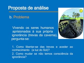Proposta de análise   Vivendo os seres humanos     aprisionados à sua própria     ignorância (trevas da caverna),   pergunta-se:  1. Como libertar-se das trevas e aceder ao conhecimento  (a luz do Sol)? 2. Como mudar se não temos consciência da ignorância?   b.  Problema 