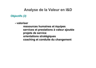 Analyse de la Valeur en I&D
Analyse de la Valeur en I&D
- valoriser
- valoriser
ressources humaines et
ressources humaines...