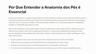 Por Que Entender a Anatomia dos Pés é
Essencial
Os pés desempenham um papel fundamental na nossa biomecânica corporal, sendo responsáveis pelo suporte e
absorção de impactos durante a locomoção. Uma compreensão profunda da anatomia dos pés é essencial para
entender como os músculos, tendões e estruturas ósseas trabalham em conjunto para garantir a estabilidade,
equilíbrio e mobilidade adequados do corpo.
Além disso, problemas nos pés podem gerar impactos negativos em toda a cadeia cinética, afetando a postura,
alinhamento corporal e até mesmo a saúde geral. Portanto, o conhecimento detalhado da anatomia dos pés
permite identificar e tratar efetivamente disfunções e lesões, contribuindo para uma melhor qualidade de vida e
desempenho físico.
Os pés suportam todo o peso corporal e absorvem impactos durante a marcha e atividades
Problemas nos pés podem gerar desalinhamentos e desequilíbrios em todo o corpo
Entender a anatomia dos pés é essencial para prevenir e tratar lesões e disfunções
O conhecimento detalhado da estrutura dos pés contribui para uma melhor saúde e qualidade de vida
 