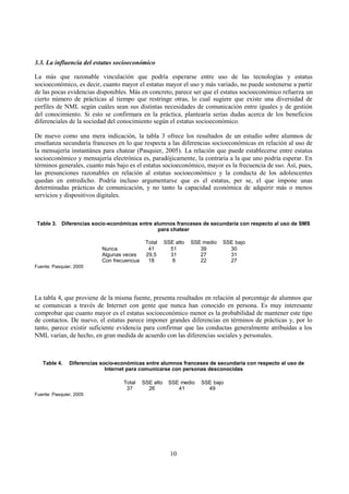 10
3.3. La influencia del estatus socioeconómico
La más que razonable vinculación que podría esperarse entre uso de las tecnologías y estatus
socioeconómico, es decir, cuanto mayor el estatus mayor el uso y más variado, no puede sostenerse a partir
de las pocas evidencias disponibles. Más en concreto, parece ser que el estatus socioeconómico refuerza un
cierto número de prácticas al tiempo que restringe otras, lo cual sugiere que existe una diversidad de
perfiles de NML según cuáles sean sus distintas necesidades de comunicación entre iguales y de gestión
del conocimiento. Si esto se confirmara en la práctica, plantearía serias dudas acerca de los beneficios
diferenciales de la sociedad del conocimiento según el estatus socioeconómico.
De nuevo como una mera indicación, la tabla 3 ofrece los resultados de un estudio sobre alumnos de
enseñanza secundaria franceses en lo que respecta a las diferencias socioeconómicas en relación al uso de
la mensajería instantánea para chatear (Pasquier, 2005). La relación que puede establecerse entre estatus
socioeconómico y mensajería electrónica es, paradójicamente, la contraria a la que uno podría esperar. En
términos generales, cuanto más bajo es el estatus socioeconómico, mayor es la frecuencia de sso. Así, pues,
las presunciones razonables en relación al estatus socioeconómico y la conducta de los adolescentes
quedan en entredicho. Podría incluso argumentarse que es el estatus, per se, el que impone unas
determinadas prácticas de comunicación, y no tanto la capacidad económica de adquirir más o menos
servicios y dispositivos digitales.
Table 3. Diferencias socio-económicas entre alumnos franceses de secundaria con respecto al uso de SMS
para chatear
Total SSE alto SSE medio SSE bajo
Nunca 41 51 39 30
Algunas veces 29,5 31 27 31
Con frecuencua 18 8 22 27
Fuente: Pasquier, 2005
La tabla 4, que proviene de la misma fuente, presenta resultados en relación al porcentaje de alumnos que
se comunican a través de Internet con gente que nunca han conocido en persona. Es muy interesante
comprobar que cuanto mayor es el estatus socioeconómico menor es la probabilidad de mantener este tipo
de contactos. De nuevo, el estatus parece imponer grandes diferencias en términos de prácticas y, por lo
tanto, parece existir suficiente evidencia para confirmar que las conductas generalmente atribuidas a los
NML varían, de hecho, en gran medida de acuerdo con las diferencias sociales y personales.
Table 4. Diferencias socio-económicas entre alumnos franceses de secundaria con respecto al uso de
Internet para comunicarse con personas desconocidas
Total SSE alto SSE medio SSE bajo
37 26 41 49
Fuente: Pasquier, 2005
 