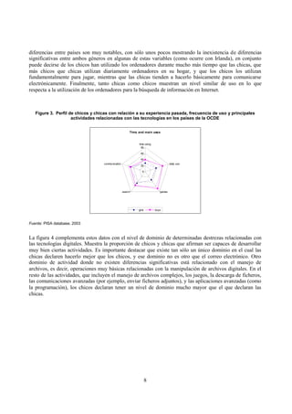 8
diferencias entre países son muy notables, con sólo unos pocos mostrando la inexistencia de diferencias
significativas entre ambos géneros en algunas de estas variables (como ocurre con Irlanda), en conjunto
puede decirse de los chicos han utilizado los ordenadores durante mucho más tiempo que las chicas, que
más chicos que chicas utilizan diariamente ordenadores en su hogar, y que los chicos los utilizan
fundamentalmente para jugar, mientras que las chicas tienden a hacerlo básicamente para comunicarse
electrónicamente. Finalmente, tanto chicas como chicos muestran un nivel similar de uso en lo que
respecta a la utilización de los ordenadores para la búsqueda de información en Internet.
Figure 3. Perfil de chicos y chicas con relación a su experiencia pasada, frecuencia de uso y principales
actividades relacionadas con las tecnologías en los países de la OCDE
Time and main uses
0
20
40
60
80
time using
daily use
gamessearch
communication
girls boys
Fuente: PISA database, 2003
La figura 4 complementa estos datos con el nivel de dominio de determinadas destrezas relacionadas con
las tecnologías digitales. Muestra la proporción de chicos y chicas que afirman ser capaces de desarrollar
muy bien ciertas actividades. Es importante destacar que existe tan sólo un único dominio en el cual las
chicas declaren hacerlo mejor que los chicos, y ese dominio no es otro que el correo electrónico. Otro
dominio de actividad donde no existen diferencias significativas está relacionado con el manejo de
archivos, es decir, operaciones muy básicas relacionadas con la manipulación de archivos digitales. En el
resto de las actividades, que incluyen el manejo de archivos complejos, los juegos, la descarga de ficheros,
las comunicaciones avanzadas (por ejemplo, enviar ficheros adjuntos), y las aplicaciones avanzadas (como
la programación), los chicos declaran tener un nivel de dominio mucho mayor que el que declaran las
chicas.
 