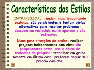 INTRAPESSOAL: rendem mais trabalhando
sozinhos, são persistentes e tentam várias
   alternativas para resolver problemas,
possuem um raciocínio muito apurado e são
                 reflexivos;
  Dicas para situações de ensino: realizar
    projetos independentes com eles; são
    pesquisadores natos, use e abuse de
 trabalhos de pesquisa; trabalhar em grupo
somente em último caso, preferem seguir seu
               próprio caminho;
 