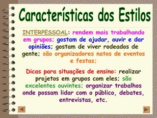 INTERPESSOAL: rendem mais trabalhando
em grupos; gostam de ajudar, ouvir e dar
  opiniões; gostam de viver rodeados de
gente; são organizadores natos de eventos
                 e festas;
 Dicas para situações de ensino: realizar
    projetos em grupos com eles; são
 excelentes ouvintes; organizar trabalhos
onde possam lidar com o público, debates,
            entrevistas, etc.
 