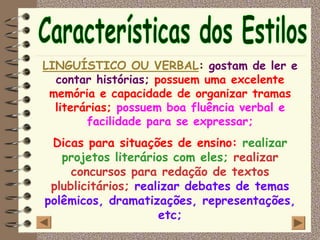 LINGUÍSTICO OU VERBAL: gostam de ler e
  contar histórias; possuem uma excelente
 memória e capacidade de organizar tramas
  literárias; possuem boa fluência verbal e
        facilidade para se expressar;
 Dicas para situações de ensino: realizar
   projetos literários com eles; realizar
     concursos para redação de textos
 plublicitários; realizar debates de temas
polêmicos, dramatizações, representações,
                     etc;
 