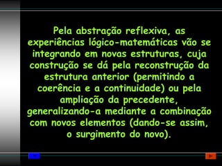 Pela abstração reflexiva, as
experiências lógico-matemáticas vão se
 integrando em novas estruturas, cuja
construção se dá pela reconstrução da
    estrutura anterior (permitindo a
   coerência e a continuidade) ou pela
       ampliação da precedente,
generalizando-a mediante a combinação
com novos elementos (dando-se assim,
         o surgimento do novo).
 