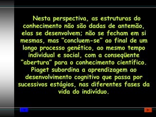 Nesta perspectiva, as estruturas do
  conhecimento não são dadas de antemão,
 elas se desenvolvem; não se fecham em si
 mesmas, mas “concluem-se” ao final de um
  longo processo genético, ao mesmo tempo
    individual e social, com a conseqüente
 “abertura” para o conhecimento científico.
     Piaget subordina a aprendizagem ao
   desenvolvimento cognitivo que passa por
sucessivos estágios, nas diferentes fases da
               vida do indivíduo.
 