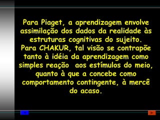 Para Piaget, a aprendizagem envolve
assimilação dos dados da realidade às
    estruturas cognitivas do sujeito.
 Para CHAKUR, tal visão se contrapõe
  tanto à idéia da aprendizagem como
simples reação aos estímulos do meio,
      quanto à que a concebe como
 comportamento contingente, à mercê
               do acaso.
 