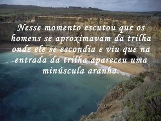 Nesse momento escutou que os homens se aproximavam da trilha onde ele se escondia e viu que na entrada da trilha apareceu uma minúscula aranha. 