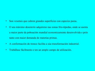 Son vexetais que cubren grandes superficies con especies puras. O seu máximo desenrolo adquíreno nas zonas frío-tépedas, onde se asenta a maior parte da poboación mundial economicamente desenvolvida e polo tanto con maior demanda de materias primas. A conformación do tronco facilita a súa transformación industrial. Trabállase fácilmente e ten un amplo campo de utilización. 