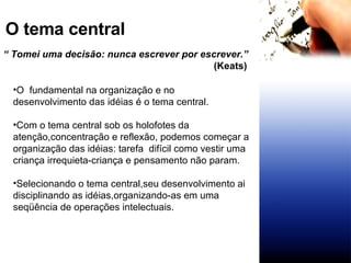 O tema central “  Tomei uma decisão: nunca escrever por escrever.”  (Keats) O  fundamental na organização e no desenvolvimento das idéias é o tema central. Com o tema central sob os holofotes da atenção,concentração e reflexão, podemos começar a organização das idéias: tarefa  difícil como vestir uma criança irrequieta-criança e pensamento não param. Selecionando o tema central,seu desenvolvimento ai disciplinando as idéias,organizando-as em uma seqüência de operações intelectuais. 