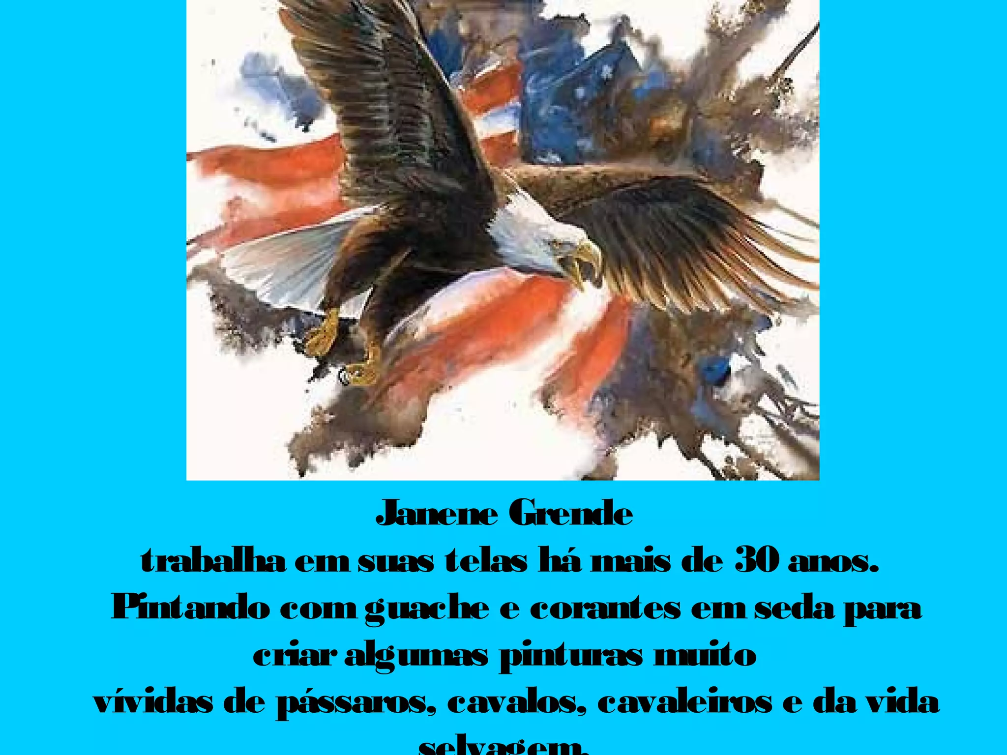 Janene Grende
trabalha em suas telas há mais de 30 anos.
Pintando com guache e corantes em seda para
criar algumas pinturas muito
vívidas de pássaros, cavalos, cavaleiros e da vida