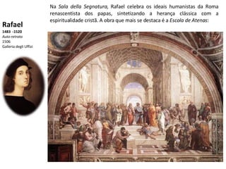 Rafael  1483  -1520 Auto-retrato 1506 Galleria degli Uffizi Na  Sala della Segnatura , Rafael celebra os ideais humanistas da Roma renascentista dos papas, sintetizando a herança clássica com a espiritualidade cristã. A obra que mais se destaca é a  Escola de Atenas : 