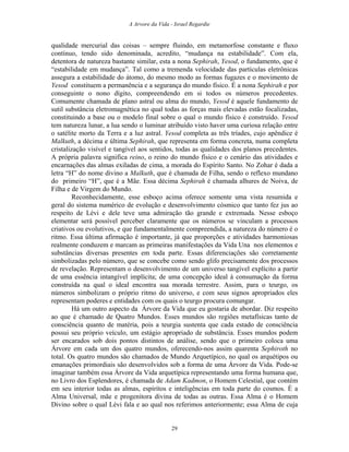 A Arvore da Vida - Israel Regardie
qualidade mercurial das coisas – sempre fluindo, em metamorfose constante e fluxo
contínuo, tendo sido denominada, acredito, “mudança na estabilidade”. Com ela,
detentora de natureza bastante similar, esta a nona Sephirah, Yesod, o fundamento, que é
“estabilidade em mudança”. Tal como a tremenda velocidade das partículas eletrônicas
assegura a estabilidade do átomo, do mesmo modo as formas fugazes e o movimento de
Yesod constituem a permanência e a segurança do mundo físico. É a nona Sephirah e por
conseguinte o nono dígito, compreendendo em si todos os números precedentes.
Comumente chamada de plano astral ou alma do mundo, Yesod é aquele fundamento de
sutil substância eletromagnética no qual todas as forças mais elevadas estão focalizadas,
constituindo a base ou o modelo final sobre o qual o mundo físico é construído. Yesod
tem natureza lunar, a lua sendo o luminar atribuído visto haver uma curiosa relação entre
o satélite morto da Terra e a luz astral. Yesod completa as três tríades, cujo apêndice é
Malkuth, a décima e última Sephirah, que representa em forma concreta, numa completa
cristalização visível e tangível aos sentidos, todas as qualidades dos planos precedentes.
A própria palavra significa reino, o reino do mundo físico e o cenário das atividades e
encarnações das almas exiladas de cima, a morada do Espírito Santo. No Zohar é dada a
letra “H” do nome divino a Malkuth, que é chamada de Filha, sendo o reflexo mundano
do primeiro “H”, que é a Mãe. Essa décima Sephirah é chamada alhures de Noiva, de
Filha e de Virgem do Mundo.
Reconhecidamente, esse esboço acima oferece somente uma vista resumida e
geral do sistema numérico de evolução e desenvolvimento cósmico que tanto fez jus ao
respeito de Lévi e dele teve uma admiração tão grande e extremada. Nesse esboço
elementar será possível perceber claramente que os números se vinculam a processos
criativos ou evolutivos, e que fundamentalmente compreendida, a natureza do número é o
ritmo. Essa última afirmação é importante, já que proporções e atividades harmoniosas
realmente conduzem e marcam as primeiras manifestações da Vida Una nos elementos e
substâncias diversas presentes em toda parte. Essas diferenciações são corretamente
simbolizadas pelo número, que se concebe como sendo glifo precisamente dos processos
de revelação. Representam o desenvolvimento de um universo tangível explícito a partir
de uma essência intangível implícita; de uma concepção ideal à consumação da forma
construída na qual o ideal encontra sua morada terrestre. Assim, para o teurgo, os
números simbolizam o próprio ritmo do universo, e com seus signos apropriados eles
representam poderes e entidades com os quais o teurgo procura comungar.
Há um outro aspecto da Árvore da Vida que eu gostaria de abordar. Diz respeito
ao que é chamado de Quatro Mundos. Esses mundos são regiões metafísicas tanto de
consciência quanto de matéria, pois a teurgia sustenta que cada estado de consciência
possui seu próprio veículo, um estágio apropriado de substância. Esses mundos podem
ser encarados sob dois pontos distintos de análise, sendo que o primeiro coloca uma
Árvore em cada um dos quatro mundos, oferecendo-nos assim quarenta Sephiroth no
total. Os quatro mundos são chamados de Mundo Arquetípico, no qual os arquétipos ou
emanações primordiais são desenvolvidos sob a forma de uma Árvore da Vida. Pode-se
imaginar também essa Árvore da Vida arquetípica representando uma forma humana que,
no Livro dos Esplendores, é chamada de Adam Kadmon, o Homem Celestial, que contém
em seu interior todas as almas, espíritos e inteligências em toda parte do cosmos. É a
Alma Universal, mãe e progenitora divina de todas as outras. Essa Alma é o Homem
Divino sobre o qual Lévi fala e ao qual nos referimos anteriormente; essa Alma de cuja
29
 