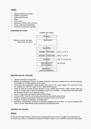 • Batidora eléctrica (opcional)
• Rodillo de pastelería
• Moldes para hornear
• Reloj
• Termómetro
• Balanzas (0-10 Kg. y de 0-100 Kg.)
• Horno y sala para fermentación
• Estantes para enfriado (clavijeros
DIAGRAMA DE FLUJO
HARINA DE TRIGO
↓
PESADO
↓
Manteca, azúcar, sal, agua,
saborizante y levadura
→
MEZCLADO
↓
AMASADO
↓
DIVIDIR Y REPOSAR 60 min. a 30 °C
↓
FIGURAR Y REPOSAR 90 min. a 30 °C
↓
HORNEO 355 °C X 20-30 min.
↓
ENFRIAMIENTO
(CLAVIJEROS )
60 minutos
↓
EMPAQUE Y
ALMACENAMIENTO
DESCRIPCION DEL PROCESO
• Disolver la levadura en agua tibia.
• Mezclar los ingredientes y formar una masa sin grumos y de buena consistencia, la cual debe despegar
de la batidora o no debe pegarse en las manos.
• Formulación de ingredientes: Harina de trigo 58%, azúcar 14%, grasa vegetal 10%, polvo de hornear
2%, levadura 2%; sal 0.6%, agua 15-20%. saborizantes al gusto.
• Dividir la masa de acuerdo al peso deseado y a los moldes para hornear y dejar reposar hasta que
crezca de manera que al figurar mantengan la forma sin contraerse. La temperatura del cuarto debe
ser templada (30-40°C) y sin corriente de aire.
• Figurar y dejar crecer por aproximadamente 90 minutos.
• Hornear a 350 °C por 20 a 25 minutos, dependiendo del tamaño de las piezas.
• Enfriar en estantes para enfriado (clavijeros) durante una hora como mínimo.
• Empacar en bolsas de polietileno o en papel suave.
• Almacenar a temperatura ambiente en estantes protegidos de la luz solar. La vida de anaquel varia
entre 3 y 5 días dependiendo de las condiciones de almacenamiento.
CONTROL DE CALIDAD
Higiene
El calor del horneado destruye casi todos los microorganismos de la masa. El peligro más importante son
los mohos que vuelven a contaminar el producto horneado cuando no se mantienen condiciones adecuadas
Equipo
 