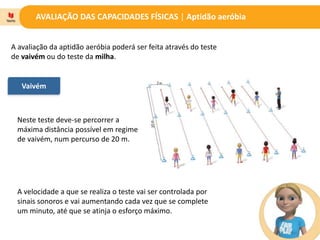 AVALIAÇÃO DAS CAPACIDADES FÍSICAS | Aptidão aeróbia
A avaliação da aptidão aeróbia poderá ser feita através do teste
de vaivém ou do teste da milha.
Vaivém
Neste teste deve-se percorrer a
máxima distância possível em regime
de vaivém, num percurso de 20 m.
A velocidade a que se realiza o teste vai ser controlada por
sinais sonoros e vai aumentando cada vez que se complete
um minuto, até que se atinja o esforço máximo.
 