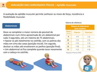 AVALIAÇÃO DAS CAPACIDADES FÍSICAS | Aptidão muscular
A avaliação da aptidão muscular permite conhecer os níveis de força, resistência e
flexibilidade muscular.
Abdominais
Deve-se completar o maior número de possível de
abdominais num ritmo aproximado de um abdominal por
cada 3 segundos, até um máximo de 75 abdominais.
• Apoiar os pés totalmente no colchão, com as palmas das
mãos em cima das coxas (posição inicial). Em seguida,
deslizar as mãos até envolverem os joelhos (posição final).
• Um abdominal só fica completo quando tocar novamente
com a cabeça no colchão.
 