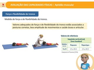 AVALIAÇÃO DAS CAPACIDADES FÍSICAS | Aptidão muscular
Força e flexibilidade do tronco
Medida de força e de flexibilidade do tronco.
Valores adequados de força e de flexibilidade do tronco estão associados a
posturas corretas, boa amplitude de movimentos e saúde óssea e articular.
 