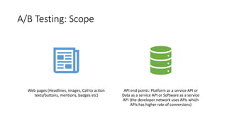 A/B Testing: Scope
Web pages (Headlines, images, Call to action
texts/buttons, mentions, badges etc)
API end points: Platform as a service API or
Data as a service API or Software as a service
API (the developer network uses APIs which
APIs has higher rate of conversions)
 