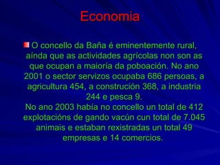 Economia O concello da Baña é eminentemente rural, aínda que as actividades agrícolas non son as que ocupan a maioría da poboación. No ano 2001 o sector servizos ocupaba 686 persoas, a agricultura 454, a construción 368, a industria 244 e pesca 9. No ano 2003 había no concello un total de 412 explotacións de gando vacún cun total de 7.045 animais e estaban rexistradas un total 49 empresas e 14 comercios.  