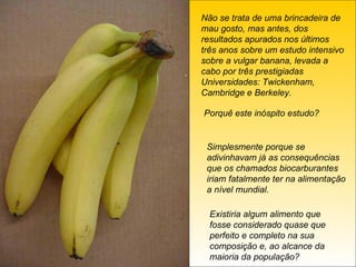 Não se trata de uma brincadeira de mau gosto, mas antes, dos resultados apurados nos últimos três anos sobre um estudo intensivo sobre a vulgar banana, levada a cabo por três prestigiadas Universidades: Twickenham, Cambridge e Berkeley. Porquê este inóspito estudo? Simplesmente porque se adivinhavam já as consequências que os chamados biocarburantes iriam fatalmente ter na alimentação a nível mundial. Existiria algum alimento que fosse considerado quase que perfeito e completo na sua composição e, ao alcance da maioria da população? 