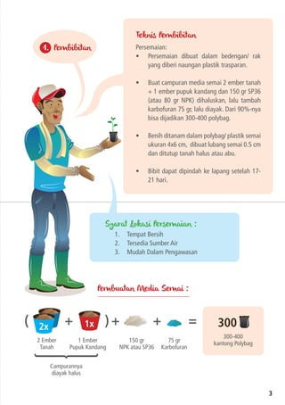 Persemaian:
•	 Persemaian dibuat dalam bedengan/ rak
yang diberi naungan plastik trasparan.
•	 Buat campuran media semai 2 ember tanah
+ 1 ember pupuk kandang dan 150 gr SP36
(atau 80 gr NPK) dihaluskan, lalu tambah
karbofuran 75 gr, lalu diayak. Dari 90%-nya
bisa dijadikan 300-400 polybag.
•	 Benih ditanam dalam polybag/ plastik semai
ukuran 4x6 cm, dibuat lubang semai 0.5 cm
dan ditutup tanah halus atau abu.
•	 Bibit dapat dipindah ke lapang setelah 17-
21 hari.
1.	 Tempat Bersih
2.	 Tersedia Sumber Air
3.	 Mudah Dalam Pengawasan
2 Ember
Tanah
1 Ember
Pupuk Kandang
Campurannya
diayak halus
150 gr
NPK atau SP36
75 gr
Karbofuran
300-400
kantong Polybag
+ + + =)(
Teknis Pembibitan
Syarat Lokasi Persemaian :
Pembuatan Media Semai :
2x 1x 300
3
1. Pembibitan
 