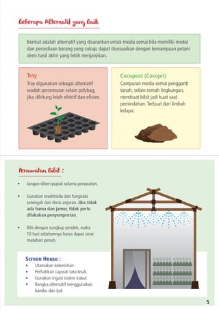 Perawatan Bibit :
•	 Jangan diberi pupuk selama perawatan.
•	 Gunakan insektisida dan fungisida
setengah dari dosis anjuran. Jika tidak
ada hama dan jamur, tidak perlu
dilakukan penyemprotan.
•	 Bila dengan sungkup pendek, maka
10 hari sebelumnya harus dapat sinar
matahari penuh.
Screen House :
•	 Utamakan kebersihan
•	 Perhatikan Layout/ tata letak.
•	 Gunakan irigasi sistem kabut
•	 Rangka alternatif menggunakan
bambu dan ijuk
5
Beberapa Alternatif yang Baik
Tray Cocopeat (Cocopit)
Berikut adalah alternatif yang disarankan untuk media semai bila memiliki modal
dan persediaan barang yang cukup, dapat disesuaikan dengan kemampuan petani
demi hasil akhir yang lebih menjanjikan.
Tray digunakan sebagai alternatif
wadah persemaian selain polybag,
jika dihitung lebih efektif dan efisien.
Campuran media semai pengganti
tanah, selain ramah lingkungan,
membuat bibit jadi kuat saat
pemindahan.Terbuat dari limbah
kelapa.
 