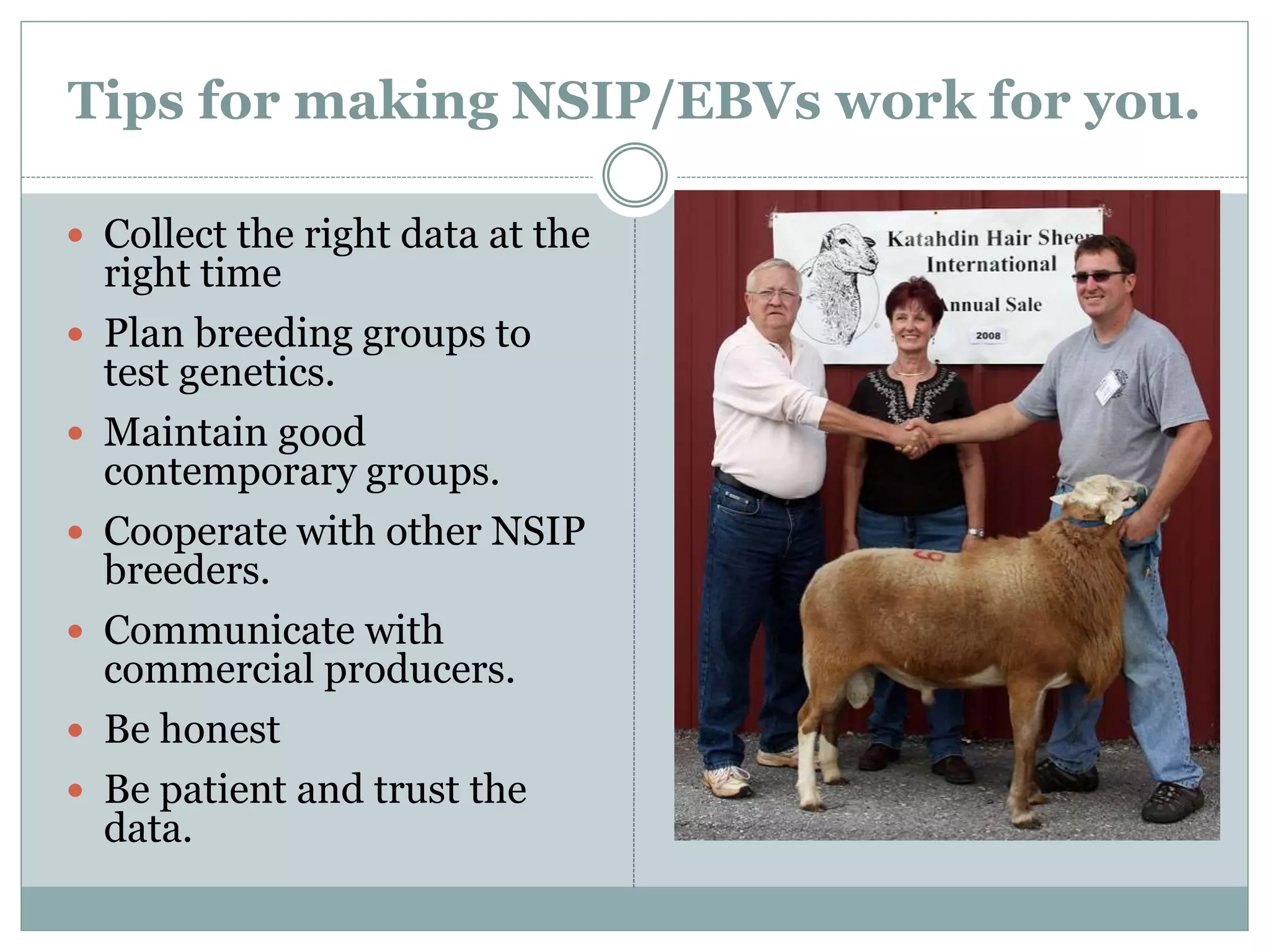 Tips for making NSIP/EBVs work for you.
 Collect the right data at the
right time
 Plan breeding groups to
test genetics.
 Maintain good
contemporary groups.
 Cooperate with other NSIP
breeders.
 Communicate with
commercial producers.
 Be honest
 Be patient and trust the
data.
 
