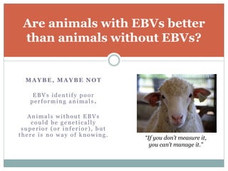 MAYBE, MAYBE NOT
EBVs identify poor
performing animals .
Animals without EBVs
could be genetically
superior (or inferior), but
there is no way of knowing.
Are animals with EBVs better
than animals without EBVs?
“If you don’t measure it,
you can’t manage it.”
 