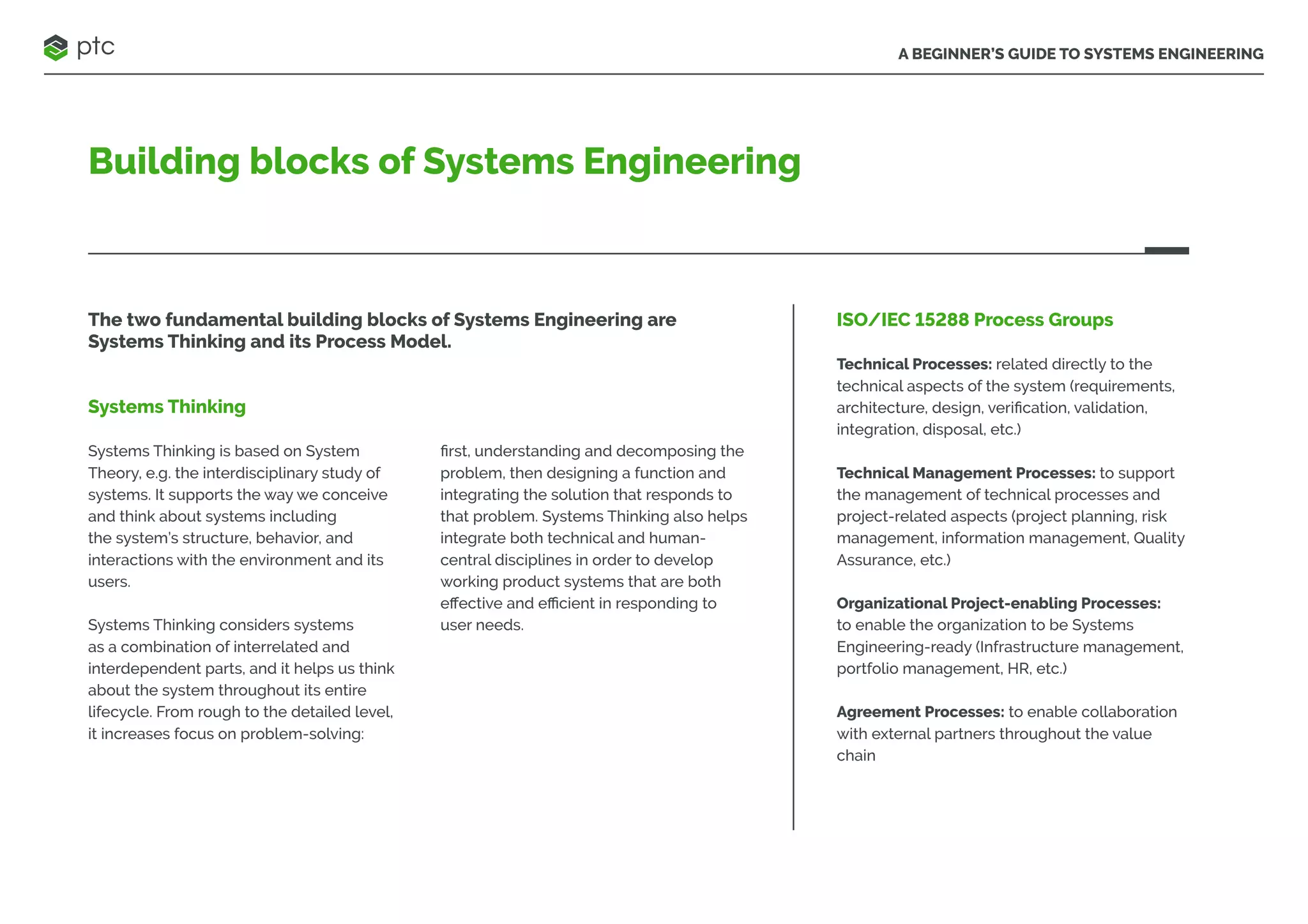 A BEGINNER’S GUIDE TO SYSTEMS ENGINEERING
Building blocks of Systems Engineering
The two fundamental building blocks of Systems Engineering are
Systems Thinking and its Process Model.
Systems Thinking
Systems Thinking is based on System
Theory, e.g. the interdisciplinary study of
systems. It supports the way we conceive
and think about systems including
the system’s structure, behavior, and
interactions with the environment and its
users.
Systems Thinking considers systems
as a combination of interrelated and
interdependent parts, and it helps us think
about the system throughout its entire
lifecycle. From rough to the detailed level,
it increases focus on problem-solving:
first, understanding and decomposing the
problem, then designing a function and
integrating the solution that responds to
that problem. Systems Thinking also helps
integrate both technical and human-
central disciplines in order to develop
working product systems that are both
effective and efficient in responding to
user needs.
ISO/IEC 15288 Process Groups
Technical Processes: related directly to the
technical aspects of the system (requirements,
architecture, design, verification, validation,
integration, disposal, etc.)
Technical Management Processes: to support
the management of technical processes and
project-related aspects (project planning, risk
management, information management, Quality
Assurance, etc.)
Organizational Project-enabling Processes:
to enable the organization to be Systems
Engineering-ready (Infrastructure management,
portfolio management, HR, etc.)
Agreement Processes: to enable collaboration
with external partners throughout the value
chain
 