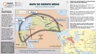 papocomdeus
batepapocomdeus
papocomdeus.com.br
papocomdeus
PAPO
COM DEUS MAPA DO ORIENTE MÉDIO
VISÃO DAS CIDADES E REINOS
PROFECIAS CONTRA NÍNIVE E O JUÍZO DE DEUS
SOBRE JERUSALÉM TERRESTRE
Naum 1:11 - De ti, Nínive, saiu um que maquina o mal
contra o SENHOR, um conselheiro vil.
Naum 2:1 - O destruidor sobe contra ti, ó Nínive! Guarda
a fortaleza, vigia o caminho, fortalece os lombos, reúne
todas as tuas forças!
Isaías 7:17 - Mas o SENHOR fará vir sobre ti, sobre o teu
povo e sobre a casa de teu pai, por intermédio do rei da
Assíria, dias tais, quais nunca vieram, desde o dia em
que Efraim se separou de Judá.
Zacarias 14:2 - Porque eu ajuntarei todas as nações
para a peleja contra Jerusalém; e a cidade será tomada,
e as casas serão saqueadas, e as mulheres, forçadas;
metade da cidade sairá para o cativeiro, mas o restante
do povo não será expulso da cidade.
Naum, Isaías, Zacarias e outros profetas mostram o
futuro da Jerusalém terrestre que será troféu para
seus inimigos.
A Jerusalém terrestre será vencida. Deus trará juízo
contra seu povo, antes de julgar as nações.
PROFECIAS APONTAM QUE O HOMEM QUE MAQUINA O MAL
SAÍ DE NÍNIVE, ATUAL MOSSUL
Nínive (Ninawa) era um
grande amontoado de
vários vilarejos ao longo
do Rio tigre.
Atualmente,onde
ﬁcava,existe a cidade
moderna de Mossul, no
estado de Ninawa do
Iraque.
BOCA ARROGANTE
CONTRA O SENHOR
Apocalipse 13:5-6 - Foi-
lhe dada uma boca que
proferia arrogâncias e
blasfêmias e autoridade
para agir quarenta e dois
meses; e abriu a boca
em blasfêmias contra
Deus, para lhe difamar o
nome e difamar o
tabernáculo, a saber, os
que habitam no céu.
Daniel 7:8 - Estando eu a
observar os chifres, eis
que entre eles subiu outro
pequeno, diante do qual
três dos primeiros chifres
foram arrancados; e eis
que neste chifre havia
olhos, como os de
homem, e uma boca que
falava com insolência.
1
2
3
4
5
 