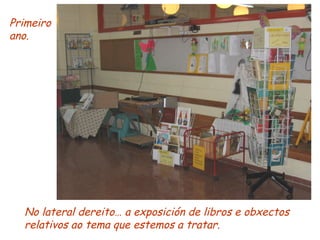 No lateral dereito… a exposición de libros e obxectos relativos ao tema que estemos a tratar. Primeiro ano. 