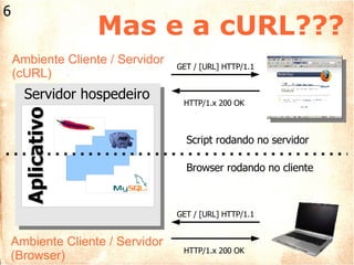 Mas e a cURL??? Aplicativo Servidor hospedeiro Script rodando no servidor Browser rodando no cliente Ambiente Cliente / Servidor (cURL) Ambiente Cliente / Servidor (Browser) GET / [URL] HTTP/1.1 HTTP/1.x 200 OK GET / [URL] HTTP/1.1 HTTP/1.x 200 OK 