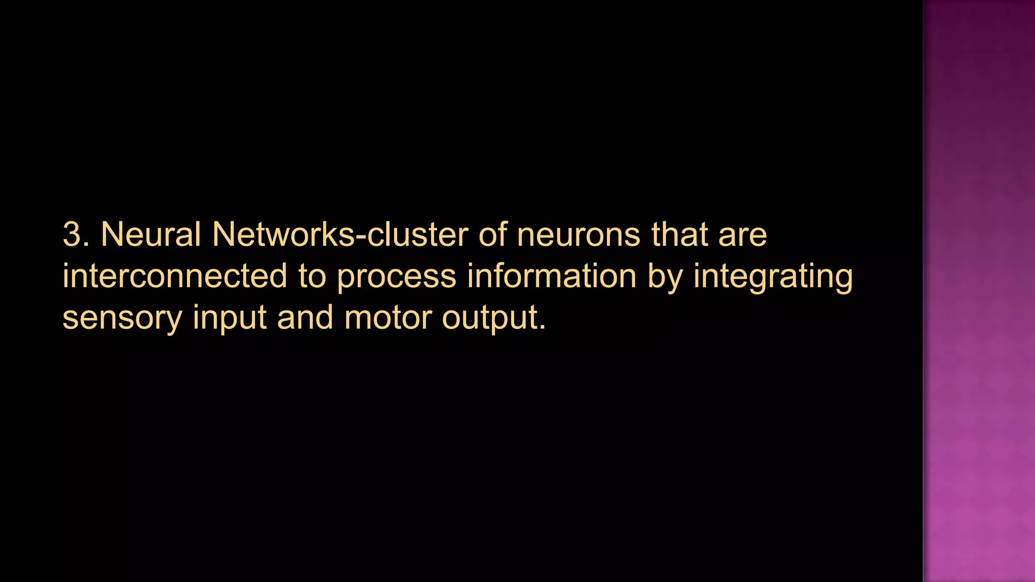 3. Neural Networks-cluster of neurons that are interconnected to process information by integrating sensory input and motor output.