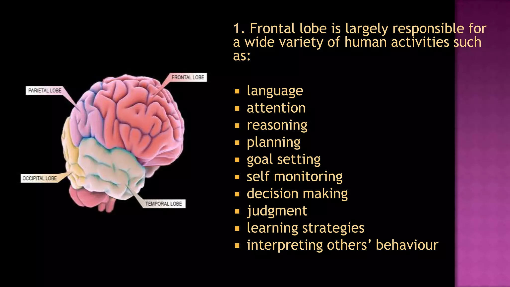 	1. Frontal lobe is largely responsible for a wide variety of human activities such as:languageattentionreasoning planninggoal settingself monitoringdecision makingjudgmentlearning strategiesinterpreting others’ behaviour 
