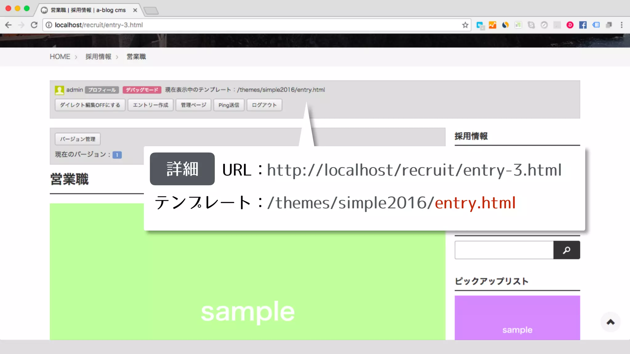 URL：
テンプレート：
詳細 http://localhost/recruit/entry-3.html
/themes/simple2016/entry.html
 