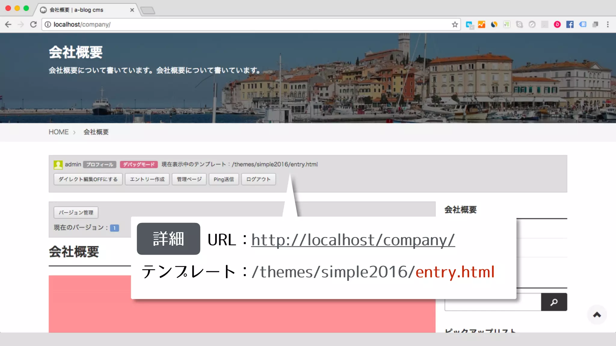 URL：
テンプレート：
詳細 http://localhost/company/
/themes/simple2016/entry.html
 