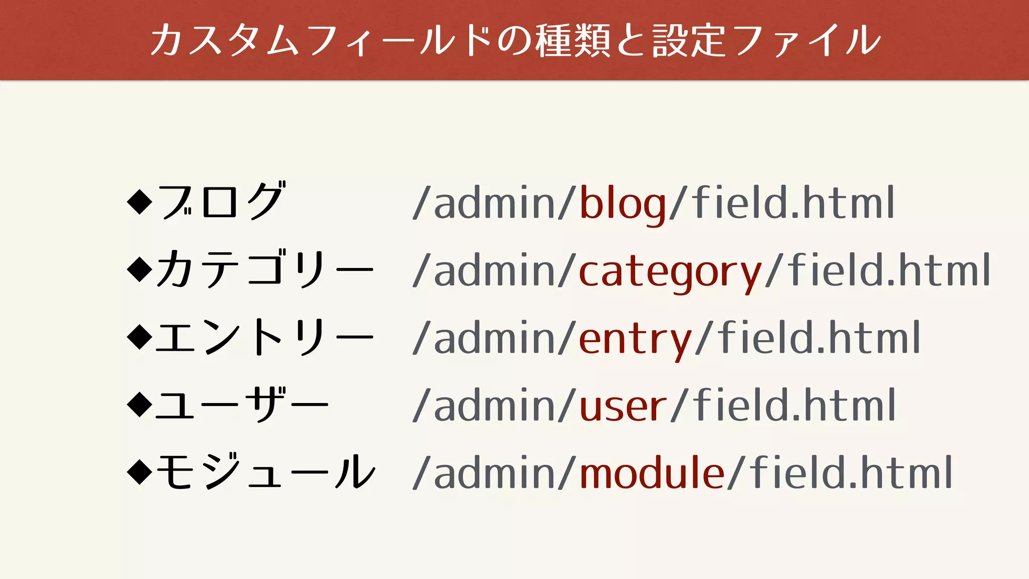 ブログ
カテゴリー
エントリー
ユーザー
モジュール
/admin/blog/field.html
/admin/category/field.html
/admin/entry/field.html
/admin/user/field.html
/admin/module/field.html
カスタムフィールドの種類と設定ファイル
 