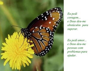 Eu pedi coragem... e Deus deu-me obstáculos  para superar. Eu pedi amor... e Deus deu-me pessoas com problemas para ajudar. 